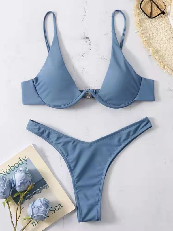 New sexy bikini solid color underwire swimsuit - Blue grey / S