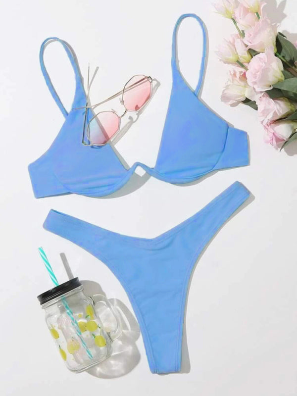 New sexy bikini solid color underwire swimsuit - Clear blue / S