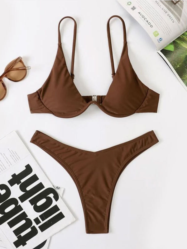 New sexy bikini solid color underwire swimsuit - Coffee / S