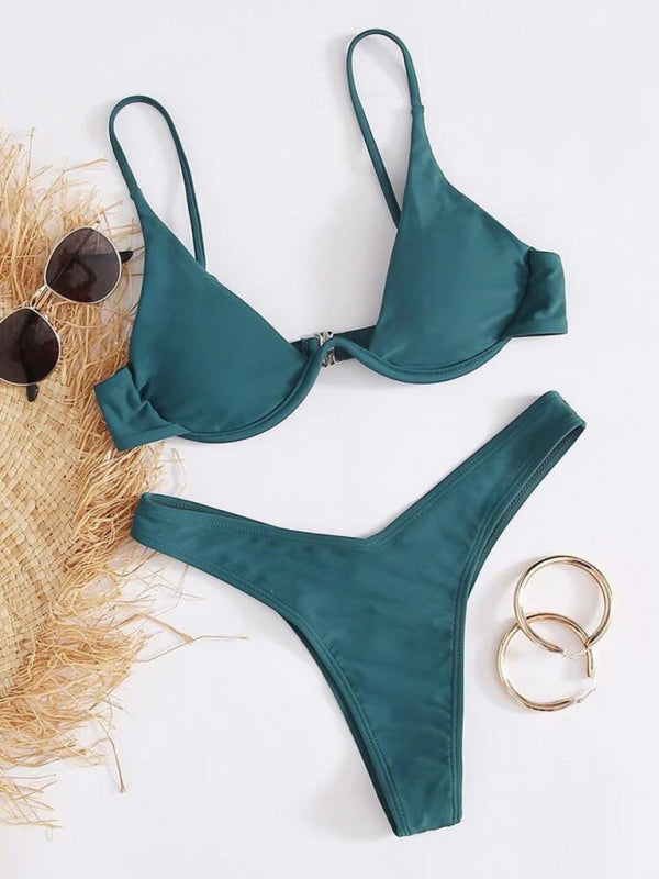 New sexy bikini solid color underwire swimsuit - Green black jasper / S