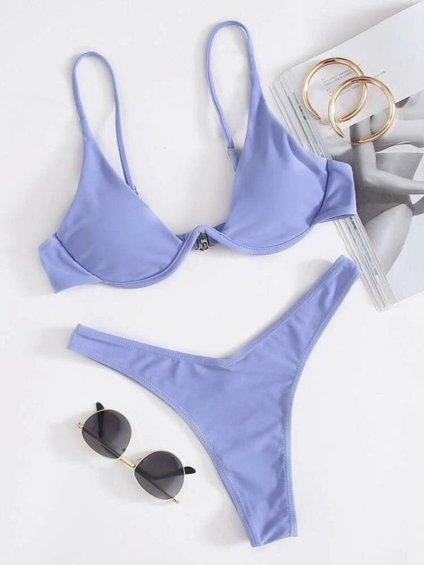 New sexy bikini solid color underwire swimsuit - Lavender / S