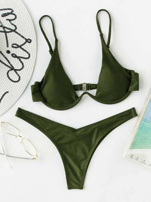 New sexy bikini solid color underwire swimsuit - Olive green / S