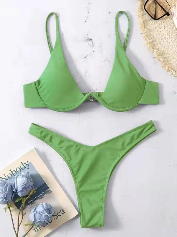 New sexy bikini solid color underwire swimsuit - Pale green / S
