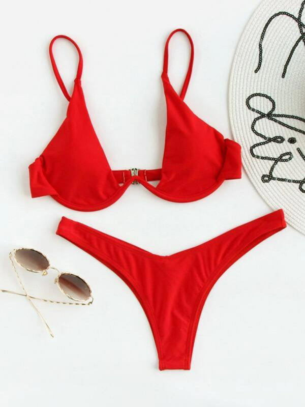 New sexy bikini solid color underwire swimsuit - Red / S