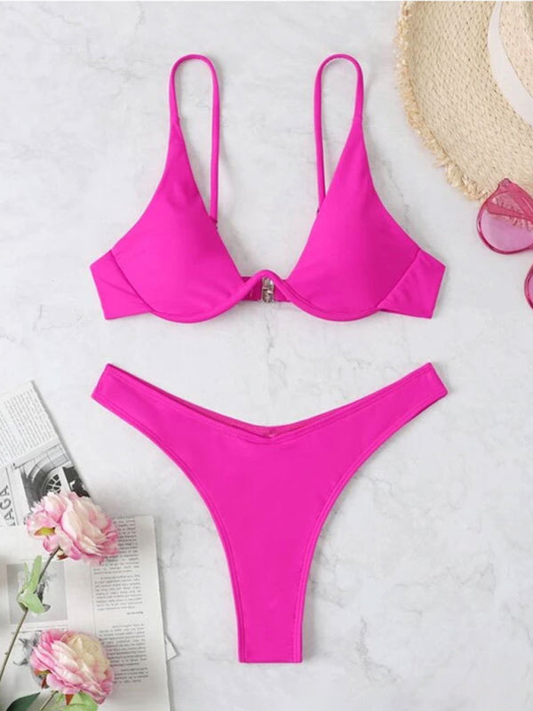 New sexy bikini solid color underwire swimsuit - Rose / S