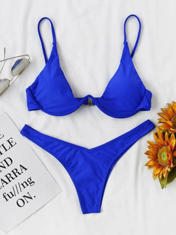 New sexy bikini solid color underwire swimsuit - Royal blue / S