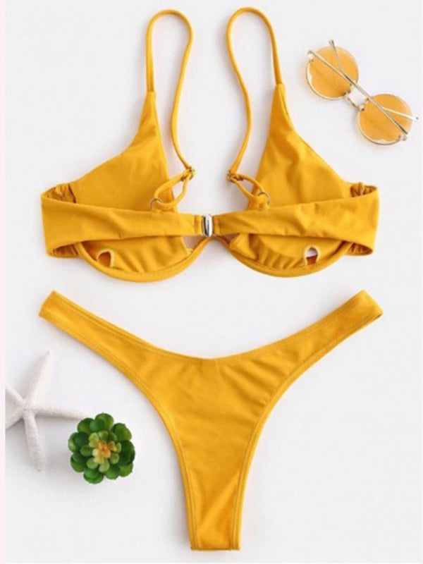 New sexy bikini solid color underwire swimsuit - Yellow / S
