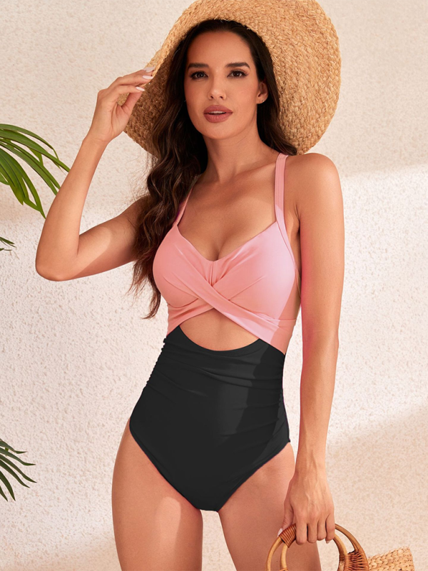 New sexy hollow solid color high waist one-piece swimsuit - Pink / S