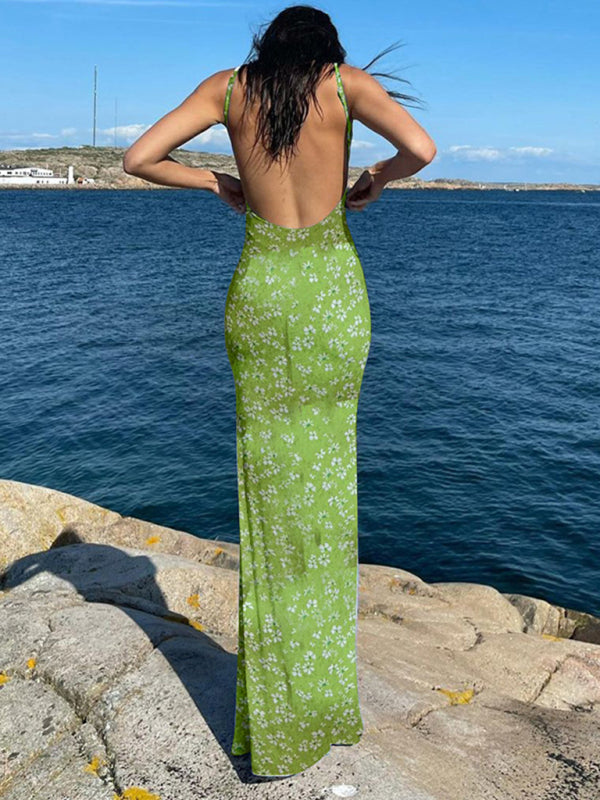 Green floral backless dress from New Sexy Slim Fit Backless Suspender Floral Skirt
