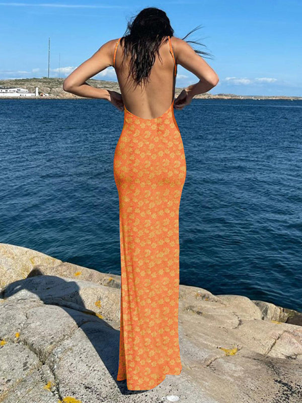 Orange floral backless dress from the New Sexy Slim Fit Backless Suspender Floral Skirt collection