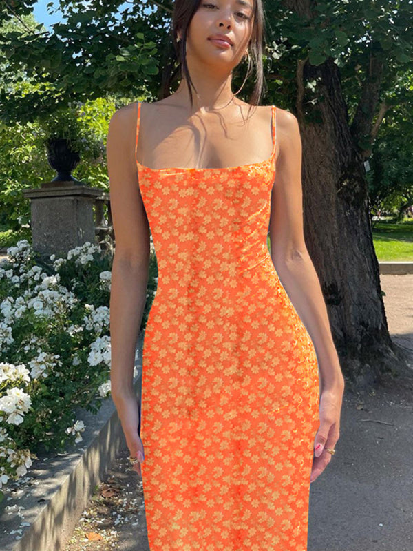 Orange floral print midi dress displayed in New Sexy Slim Fit Backless Suspender Floral Skirt product image