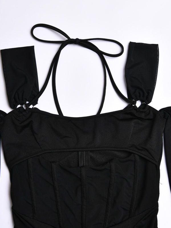 Black corset-style top with shoulder straps showcasing moderate elasticity and weaving type design