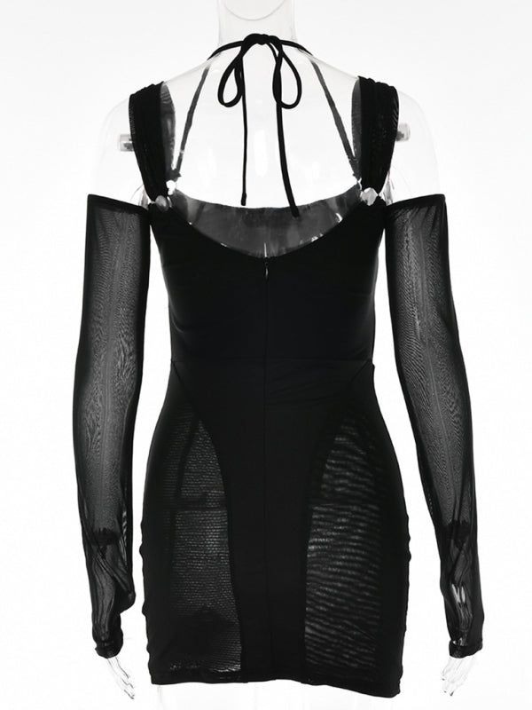 Black halter dress with mesh sleeves featuring moderate elasticity and woven fabric type