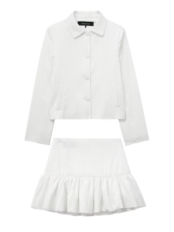 New Shiny Fabric Suit Jacket + High Waist Pleated Skirt Set - White / XS