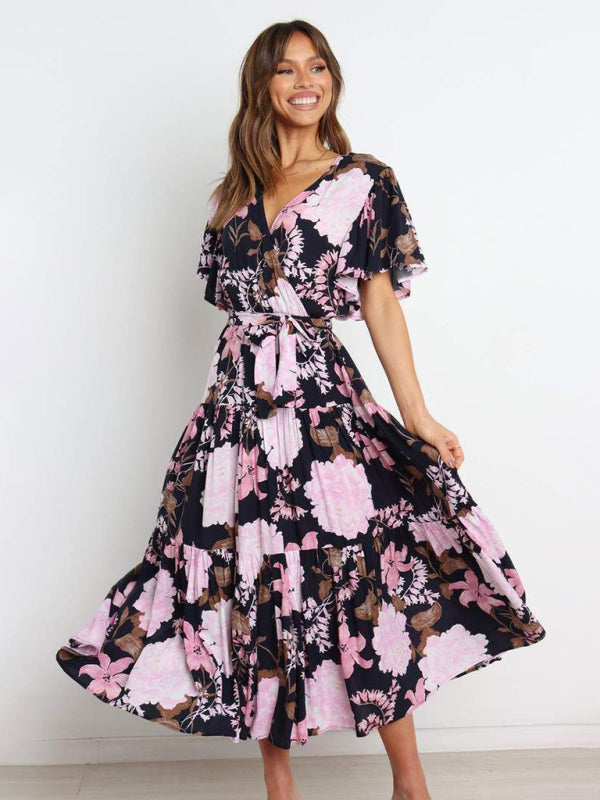 New Short Sleeve Printed Dress V Neck Holiday Elegant Romantic Dress - Printing 2 / S