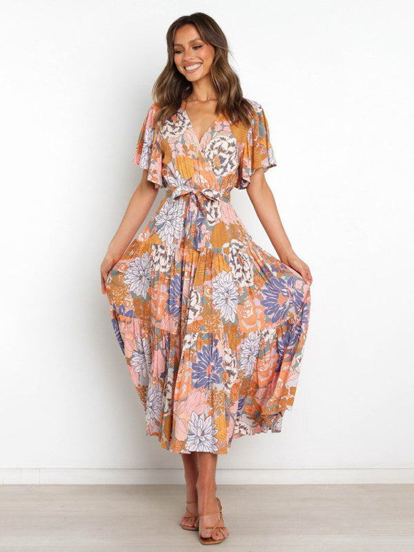 New Short Sleeve Printed Dress V Neck Holiday Elegant Romantic Dress - Printing 4 / S