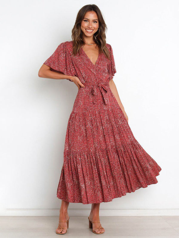 New Short Sleeve Printed Dress V Neck Holiday Elegant Romantic Dress - Printing 3 / S