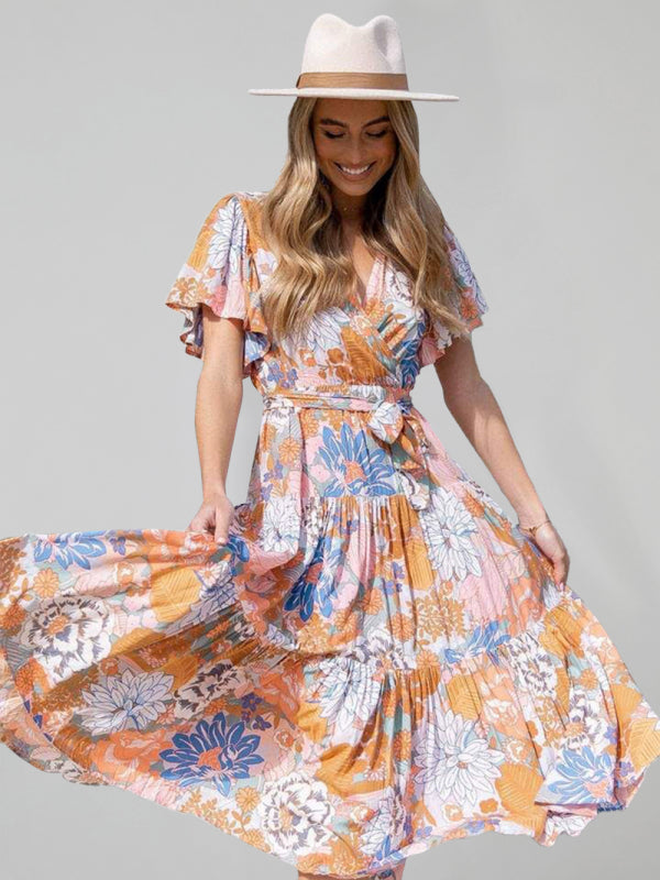 New Short Sleeve Printed Dress V Neck Holiday Elegant Romantic Dress - Printing 1 / S