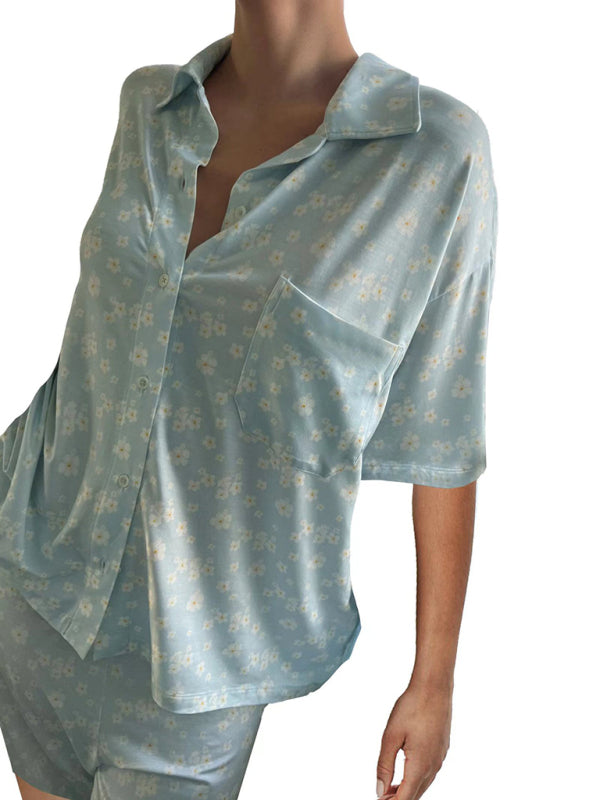 New short-sleeved printed slit loose short-sleeved shorts suit - Blue / S