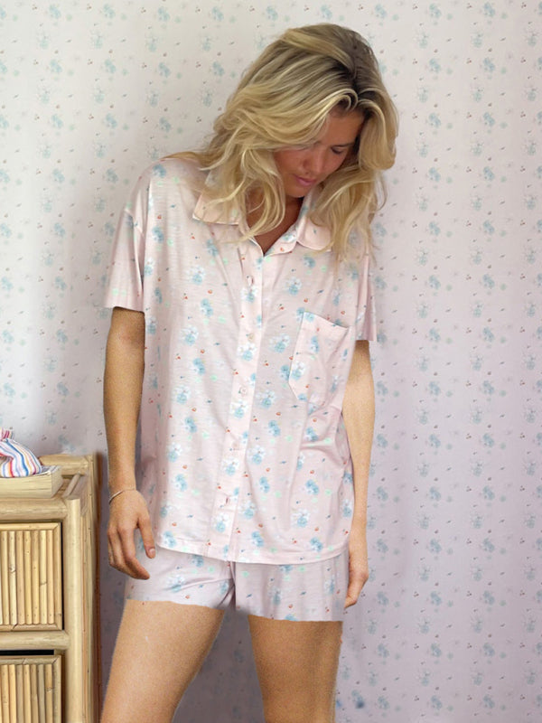 New short-sleeved printed slit loose short-sleeved shorts suit - Pink / S