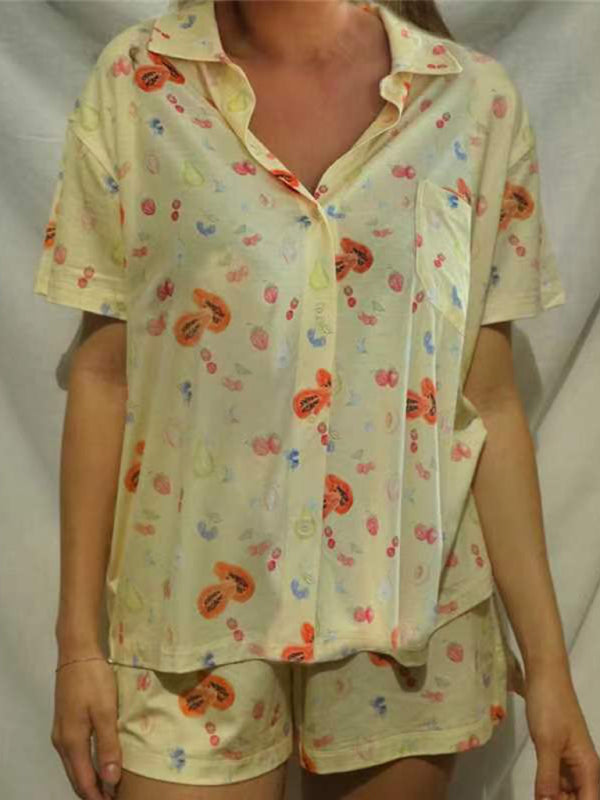 New short-sleeved printed slit loose short-sleeved shorts suit - Yellow / S