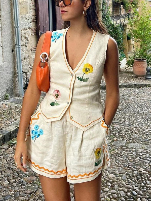 New sleeveless printed vest suit casual loose vacation two-piece set - White / S