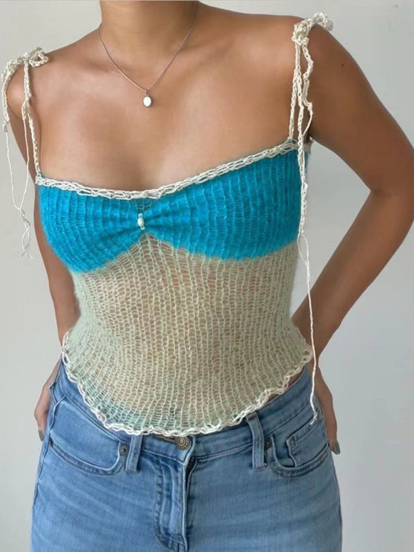 New slim fit contrast color sexy suspender top - Blue / S