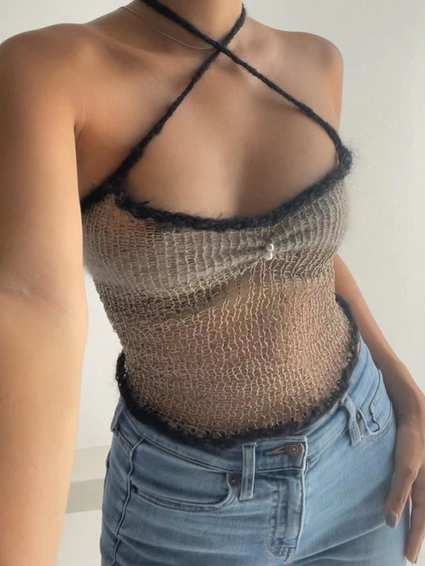 New slim fit contrast color sexy suspender top - Grey / S