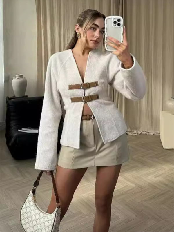 New soft casual long-sleeved jacket with tie straps - Cream / XS