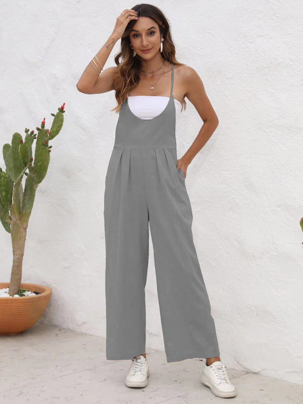New solid color casual suspender trousers - Grey / S