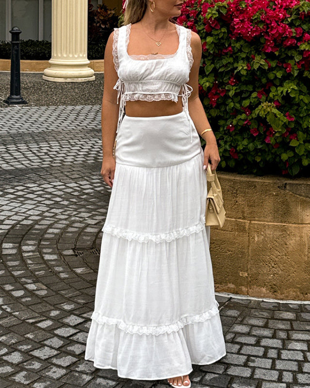 New solid color fashion suit lace up top long skirt suit - White / S