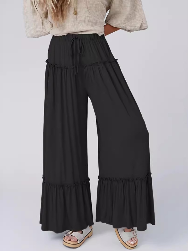 New solid color high waist casual pants drawstring wide leg trousers - Black / S