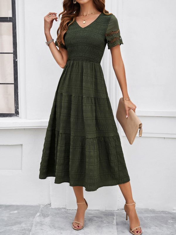 New solid color short sleeve V-neck dress - Olive green / S