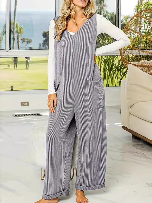 New solid color V-neck sleeveless casual loose straight wide-leg jumpsuit - Silver grey / S