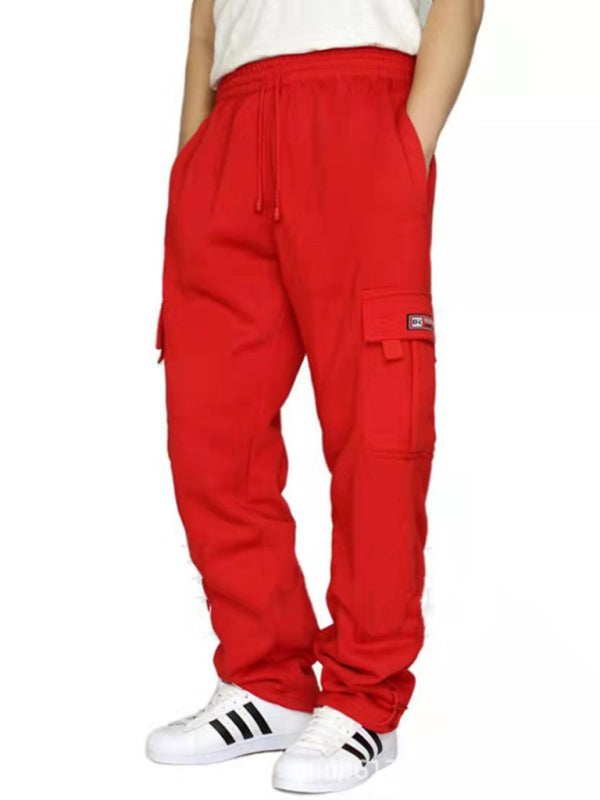 New sports and leisure loose foot multi-pocket tether men’s loose overalls trousers - Red / S