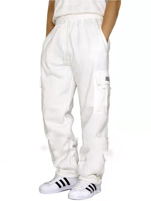 New sports and leisure loose foot multi-pocket tether men’s loose overalls trousers - White / S