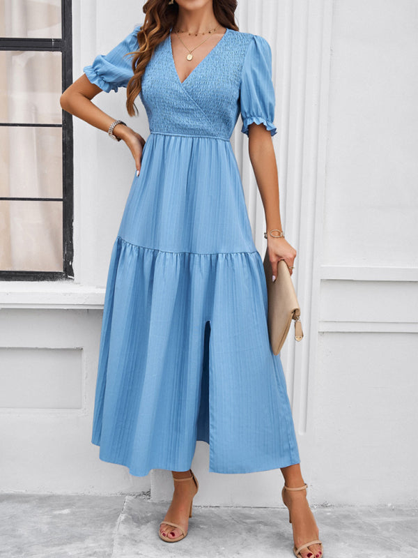 New spring and summer solid color temperament V-neck short-sleeved long skirt - Blue / S