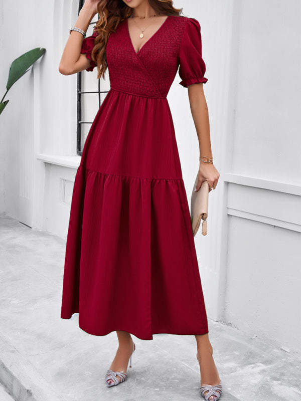 New spring and summer solid color temperament V-neck short-sleeved long skirt - Wine Red / S