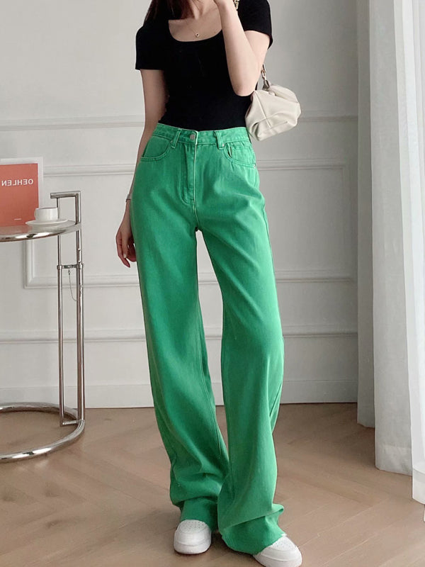 New Street High Waist Casual Straight Leg Wide Leg Pants Female Jeans - Green / XS