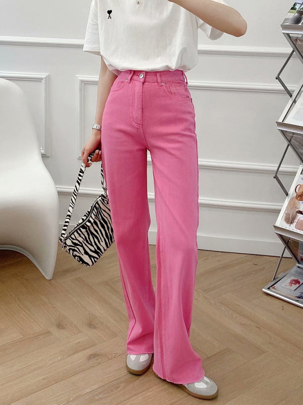 New Street High Waist Casual Straight Leg Wide Leg Pants Female Jeans - Rose / XS