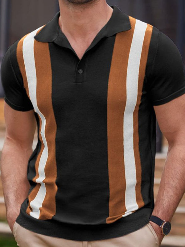 New striped jacquard sweater Short-sleeved business casual Polo shirt - Black / M