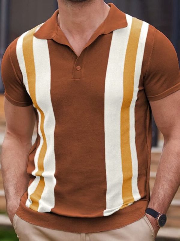 New striped jacquard sweater Short-sleeved business casual Polo shirt - Brown / M