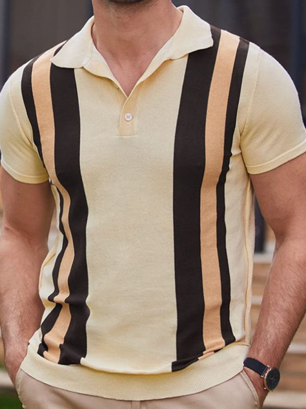 New striped jacquard sweater Short-sleeved business casual Polo shirt - Cracker khaki / M