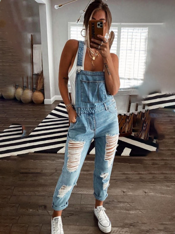 New style casual commuting ripped mid-waist denim jumpsuit - Clear blue / S