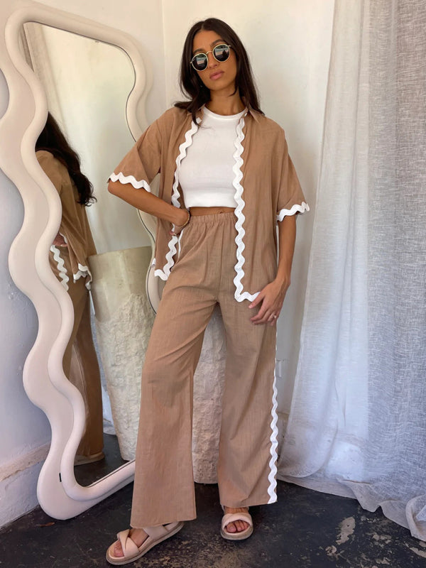 New style comfortable and casual single-breasted lace splicing trousers and shirt suit - Camel / S