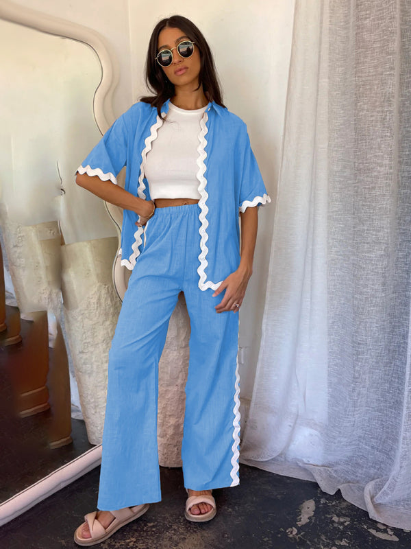 New style comfortable and casual single-breasted lace splicing trousers and shirt suit - Sky blue azure / S