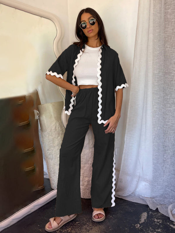 New style comfortable and casual single-breasted lace splicing trousers and shirt suit - Black / S