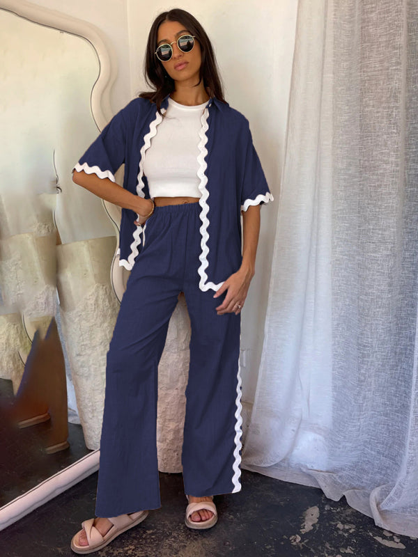New style comfortable and casual single-breasted lace splicing trousers and shirt suit - Champlain color / S