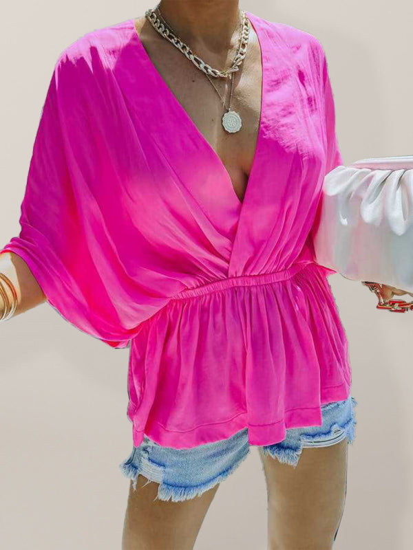 New style cotton V-neck elastic waist casual fashion short-sleeved shirt - Rose / S