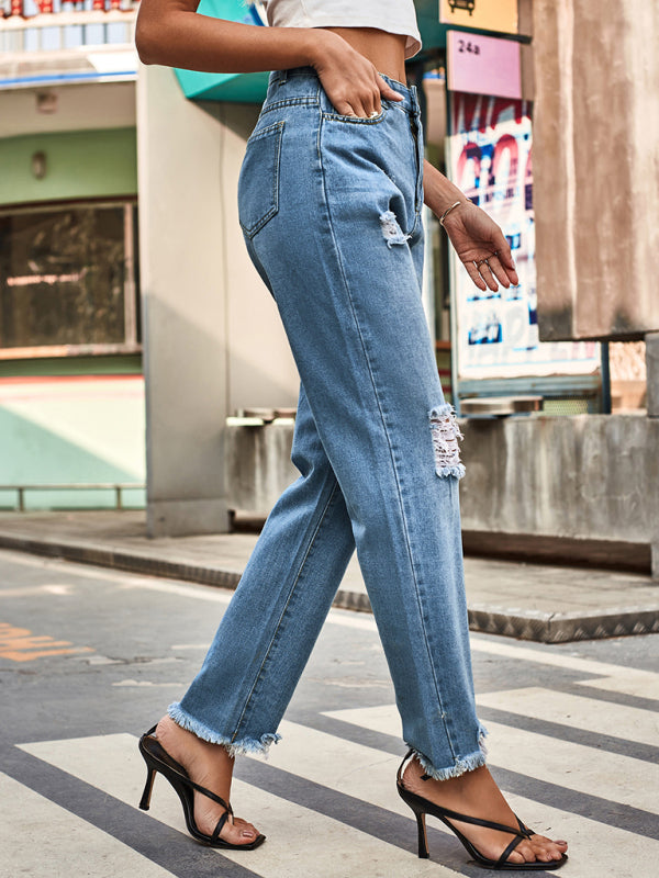 New style denim style ripped trousers women’s casual pants